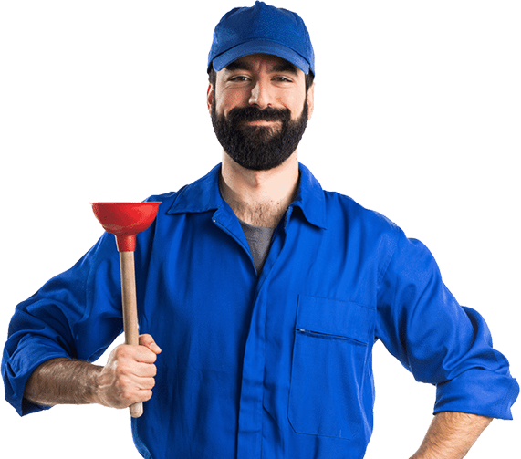 A plumbing guy holding a toilet pump while his hands on his waist